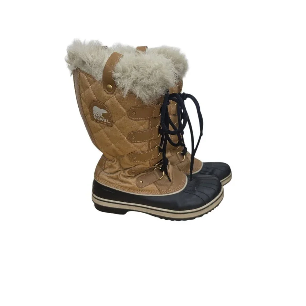 Sorel Tofino Winter Faux Fur Tall Tan Black Snow Boots NL1937-374 Wmn Size 9.5